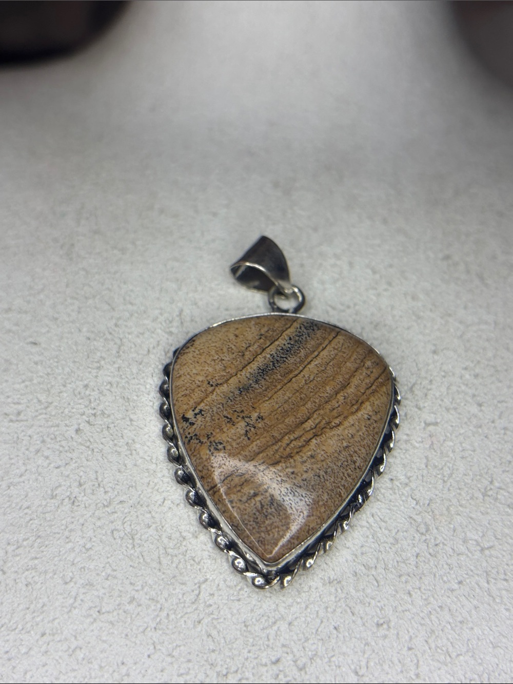 Picture, Jasper teardrop, dark, brown, teardrop shaped silver plated pendant